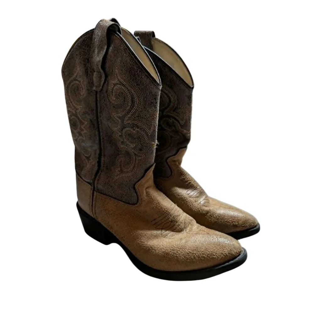 Kids Distressed Brown Leather Western Cowboy Boots Embroidered Round Toe Pull On